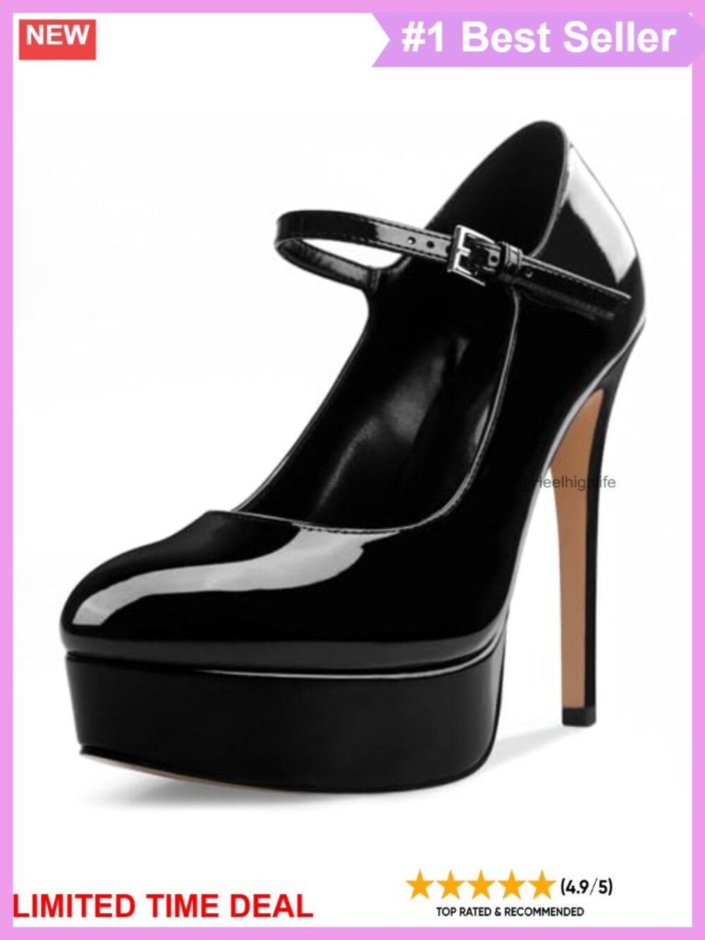 Platform Stiletto Heels Closed Round Toe Mary Jane Strap Pumps 5.3" High Heels